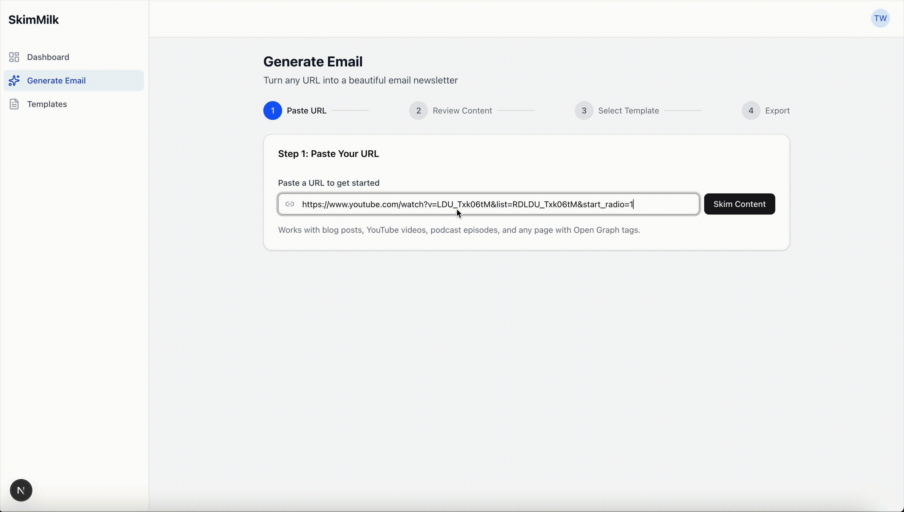 SkimMilk demo - paste a URL and generate an email newsletter